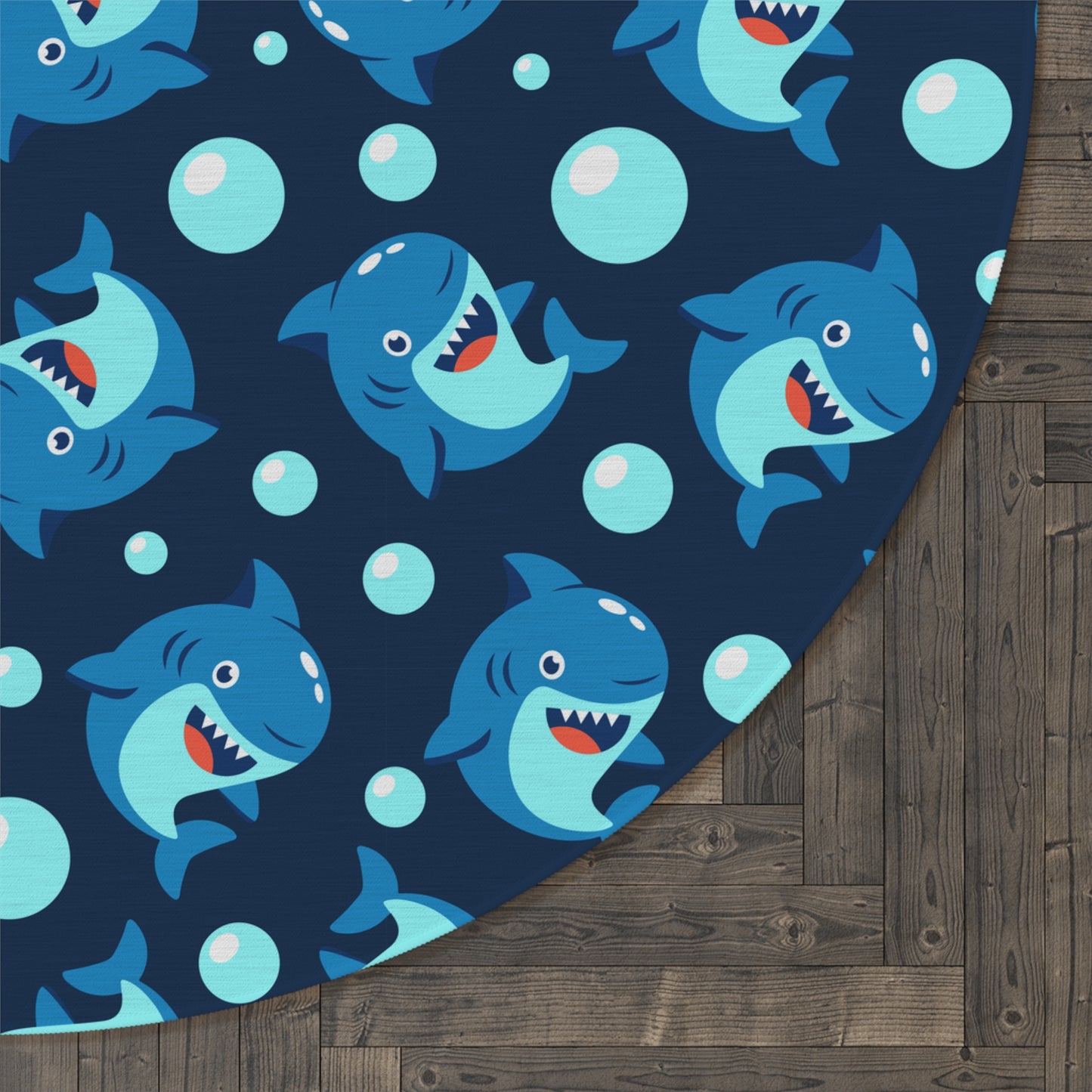 CUTE CARTOON SHARK Round Rug | Kids Blue Ocean Playroom Mat