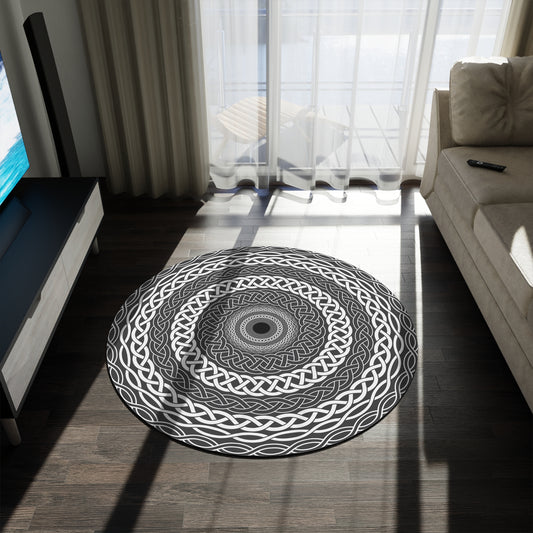 Celtic Knot Monochrome Round Area Rug – Geometric Mandala Floor Accent