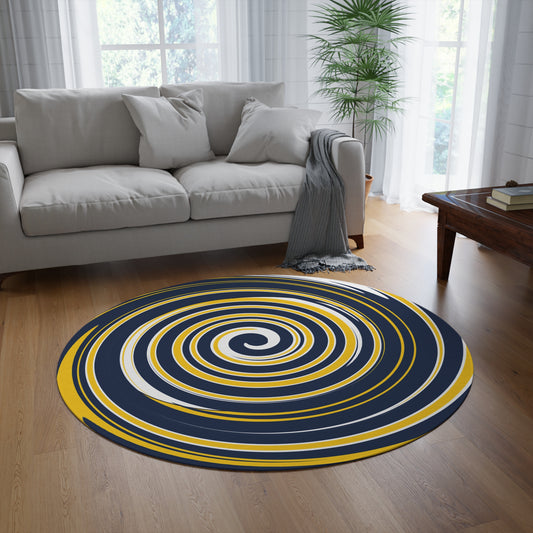 Blue and Maize Round rug with concentric circle pattern in a living room setting
