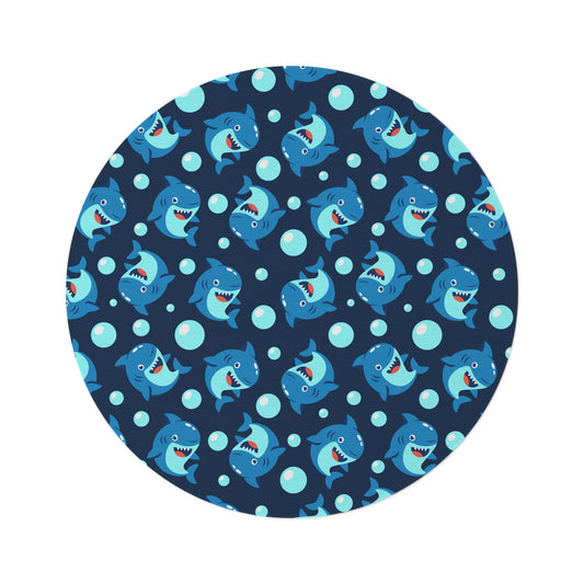 CUTE CARTOON SHARK Round Rug | Kids Blue Ocean Playroom Mat