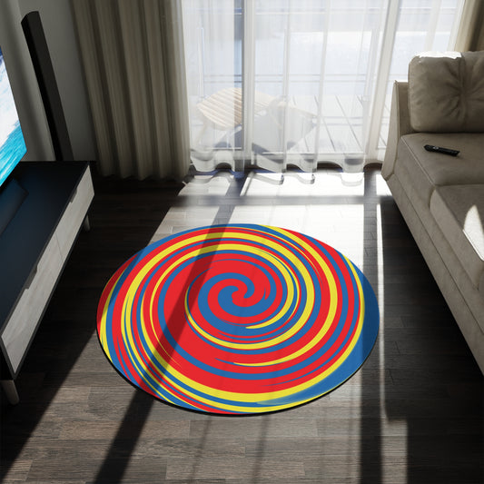 Super Hero Red Blue Yellow Spiral Round Rug | Bold Swirl Floor Accent