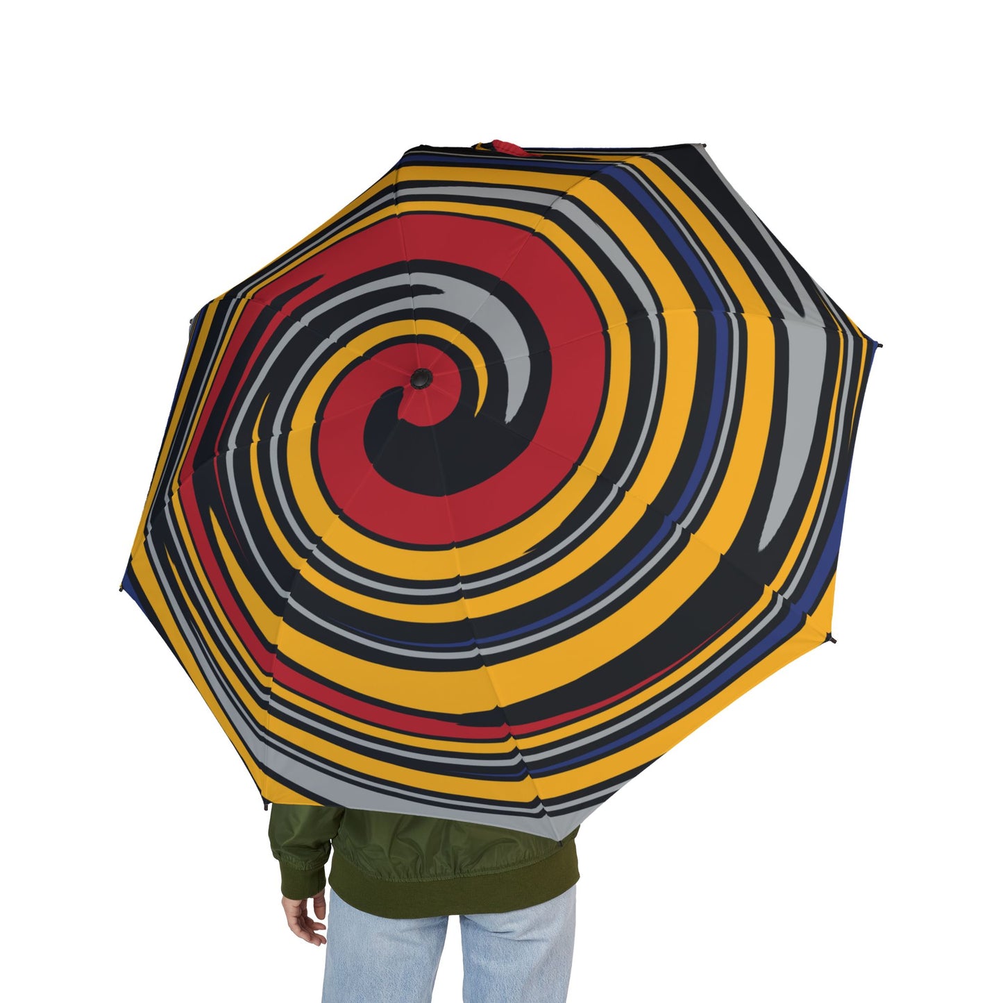 Colorful spiral-patterned umbrella held by a person on a white background