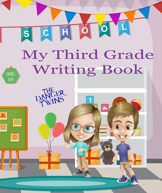 Book cover of 'My Third Grade Writing Book' with cartoon characters in a classroom setting.