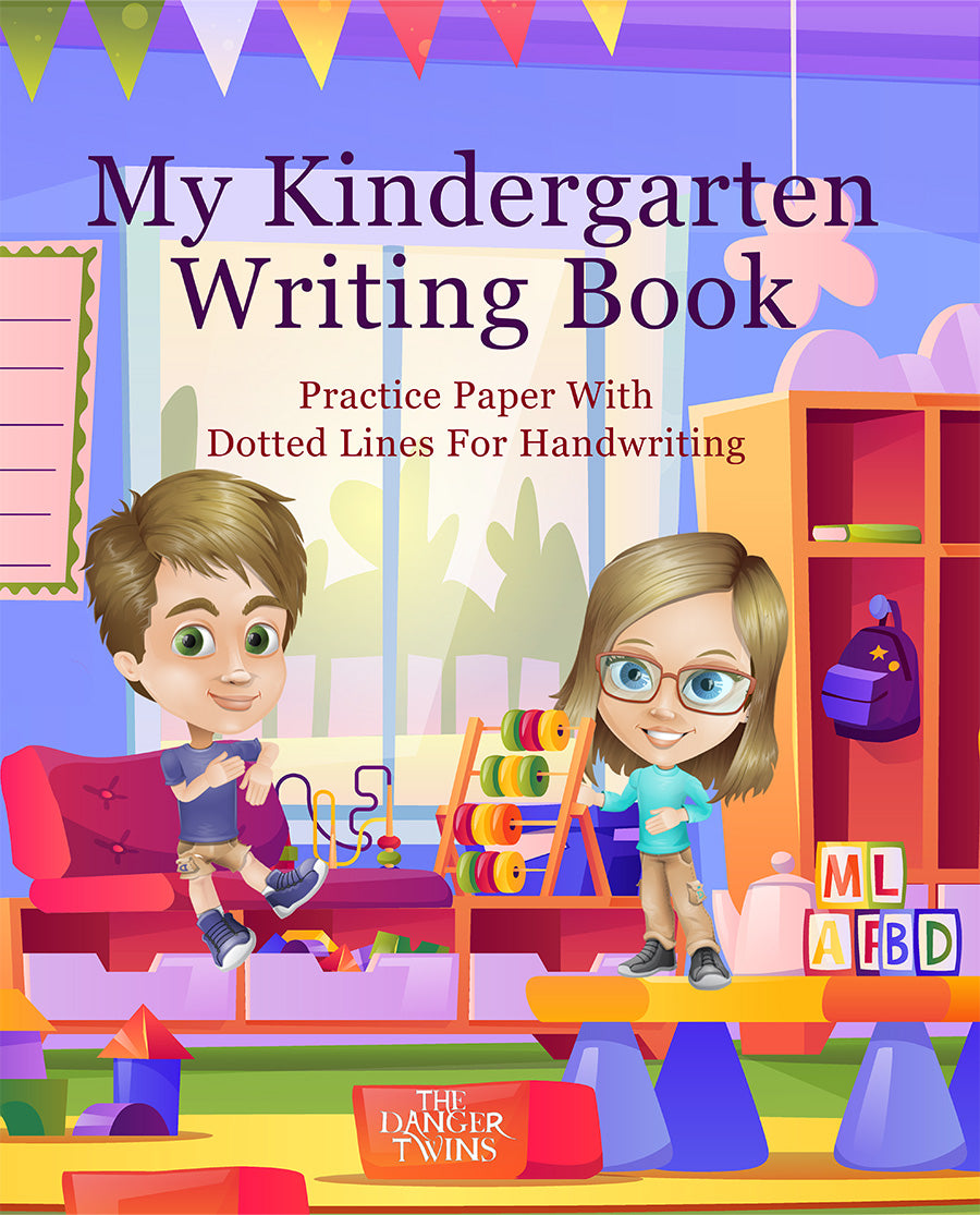 Book cover of 'My Kindergarten Writing Book' with cartoon characters and educational elements.