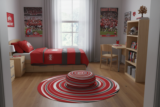 Ohio State rug and ottoman in dorm room