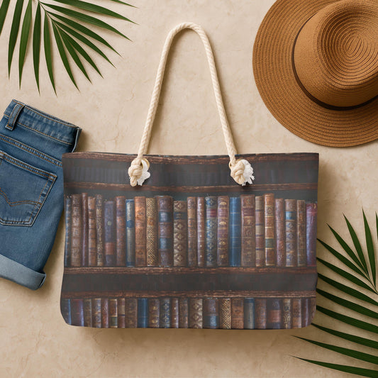 Tote bag with book design, straw hat, and jeans on a beige background