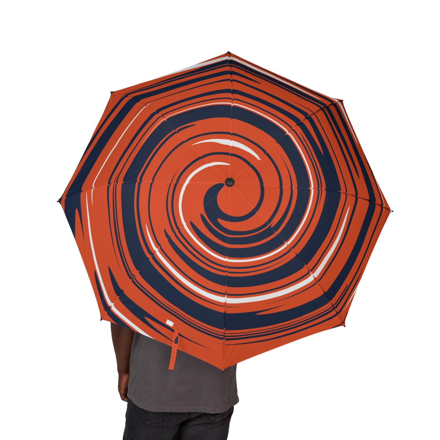 Umbrella with a red and blue spiral pattern on a white background