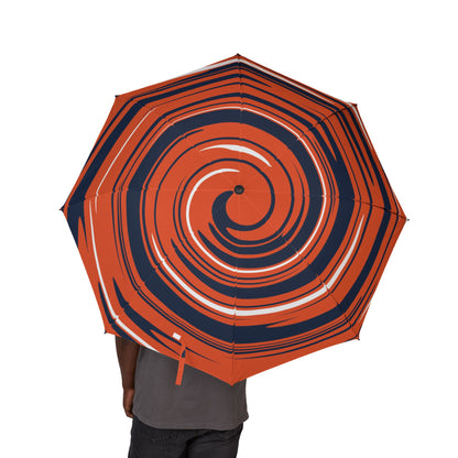 Umbrella with a red and blue spiral pattern on a white background