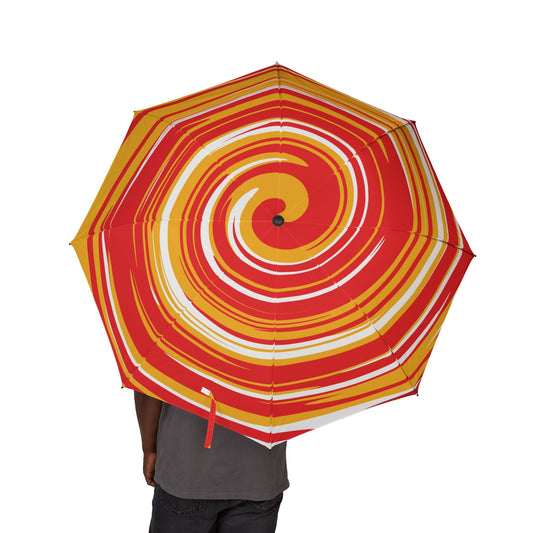 Red and yellow striped umbrella held by a person on a white background