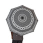 Person holding a black and white patterned umbrella on a white background