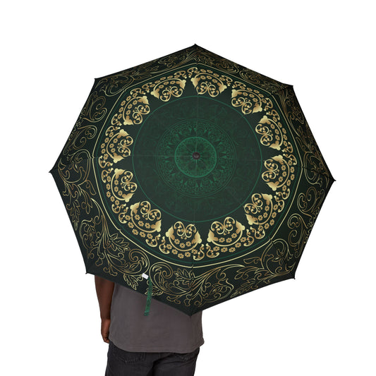 Emerald Gold Mandala Umbrella - Windproof Foldable | Elegant Gift