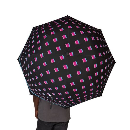 Black umbrella with pink and blue pattern held by a person on a white background