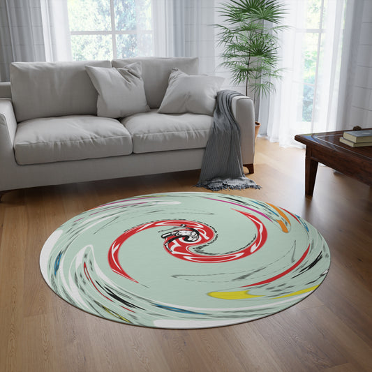 Round MONOPOLY colorful rug on a wooden floor in a living room with a sofa and coffee table.