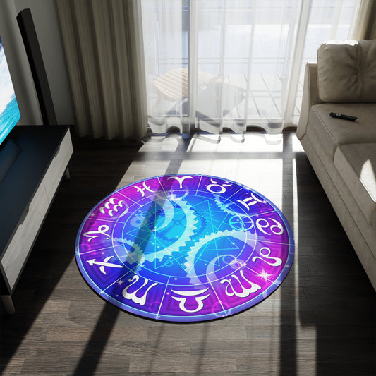 Astrology Zodiac Round Rug | Cosmic Moon & Star Horoscope Floor Accent