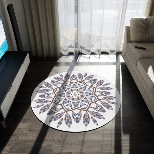 Boho Mandala Round Area Rug – Neutral Blue & Taupe Decorative Floor Accent
