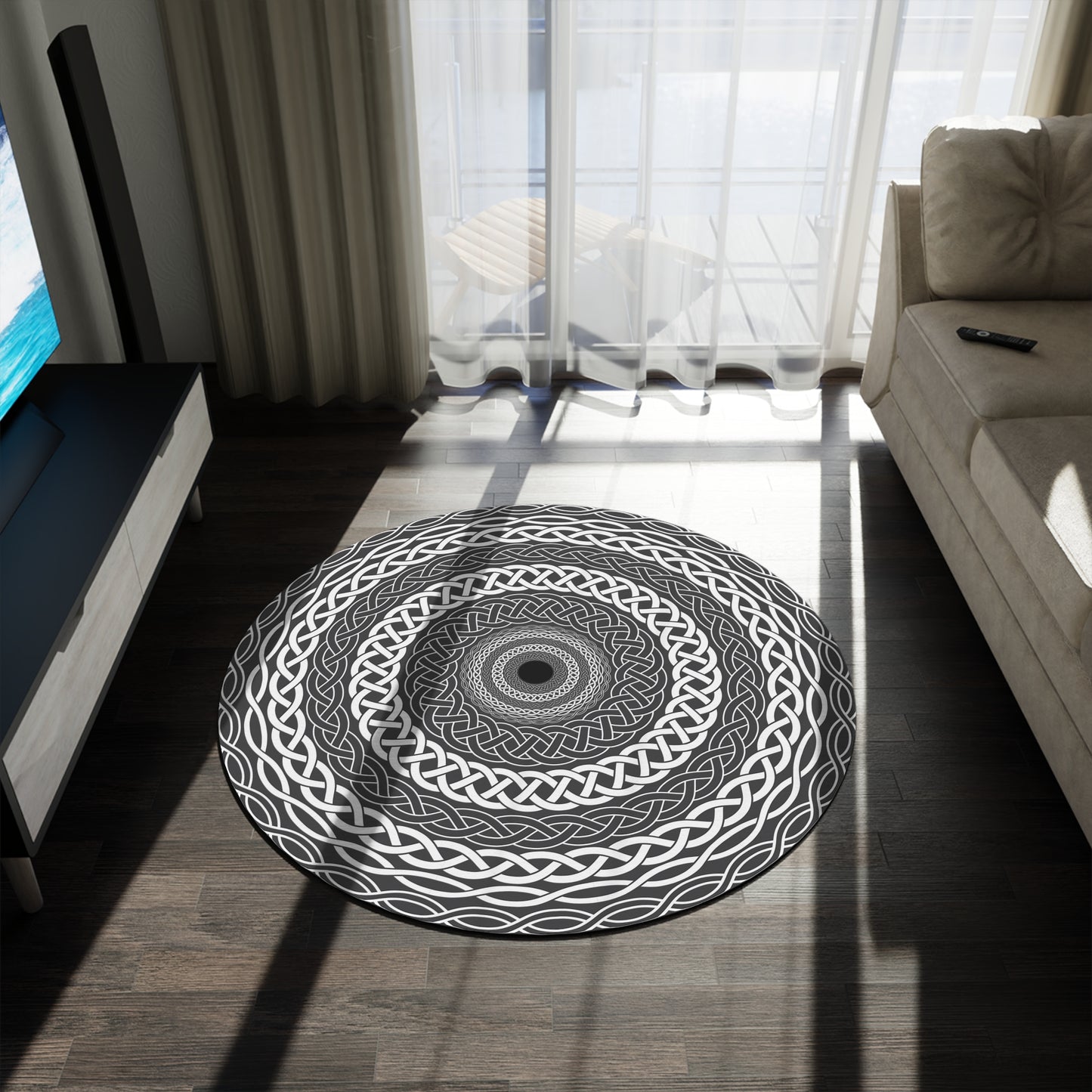 Celtic Knot Monochrome Round Area Rug – Geometric Mandala Floor Accent