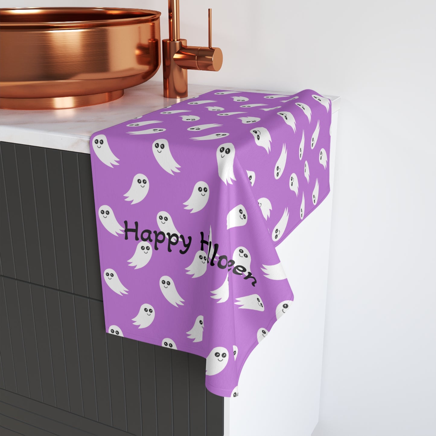 Purple Ghost Pattern Hand Towel - Cute Halloween Kitchen & Bathroom Accent