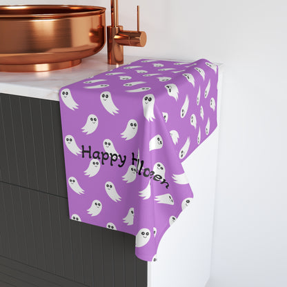 Purple Ghost Pattern Hand Towel - Cute Halloween Kitchen & Bathroom Accent