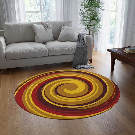 Round colorful rug with iron man  concentric circles on a wooden floor in a living room.