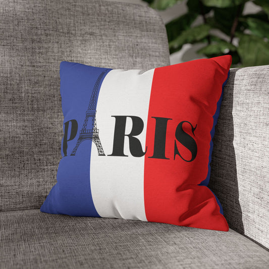 Decorative pillow with Paris design on a gray couch