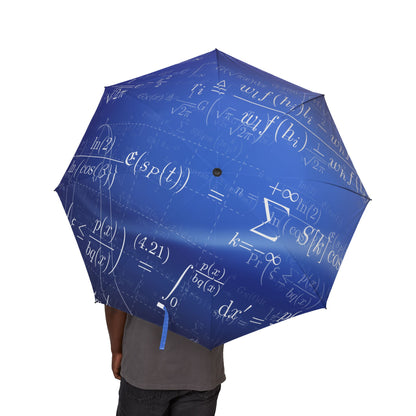 Blue umbrella with mathematical equations on a white background