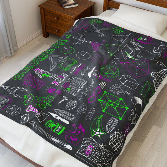 Bedspread with colorful geometric patterns on a bed in a bedroom.