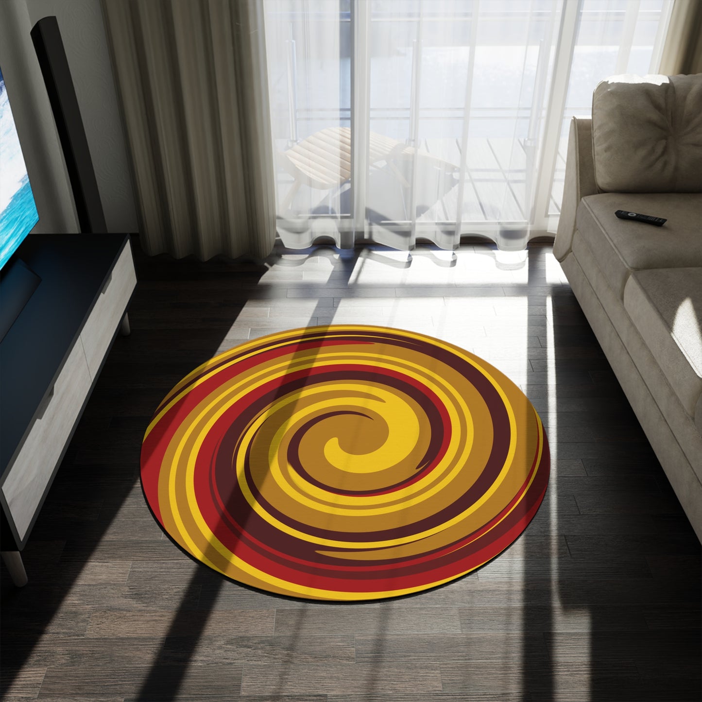 Super Hero Red & Gold Spiral Round Rug | Bold Comic Floor Accent