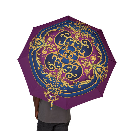 Decorative umbrella with intricate gold patterns on a purple background