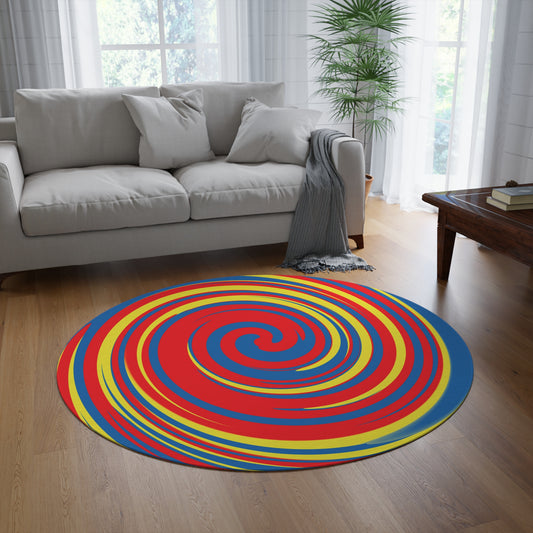 Colorful spiral rug on a wooden floor in a living room with a sofa and coffee table.
