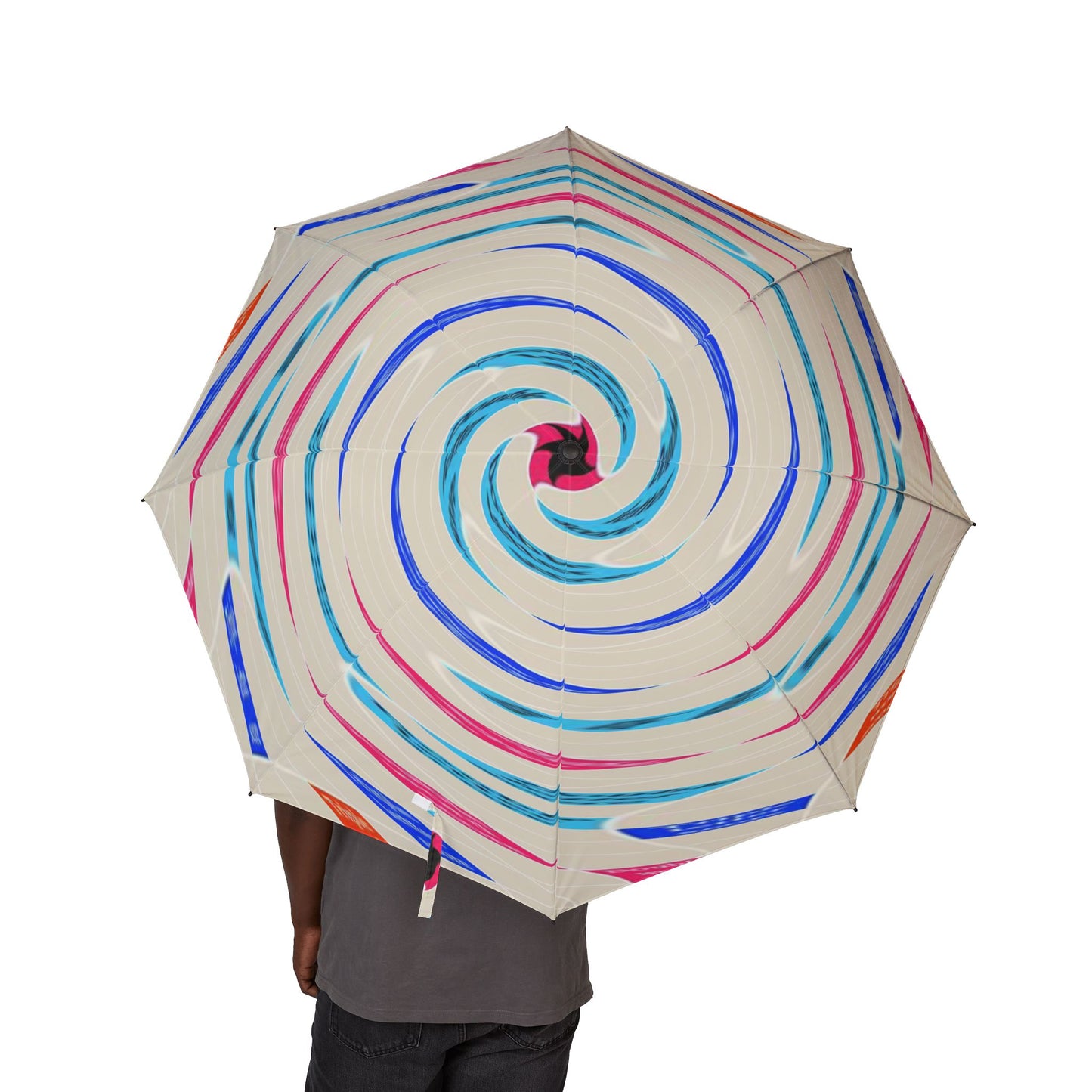 Umbrella with a colorful spiral pattern held by a person on a white background
