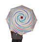 Umbrella with a colorful spiral pattern held by a person on a white background