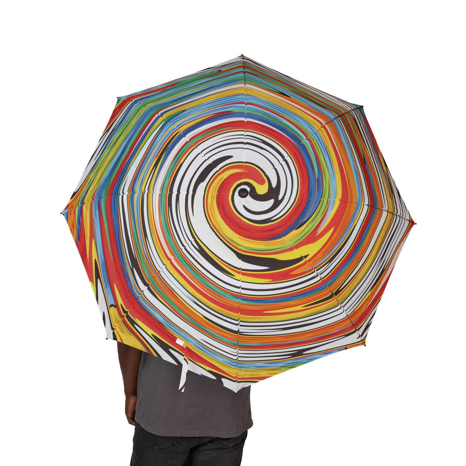 Colorful spiral-patterned umbrella held by a person on a white background