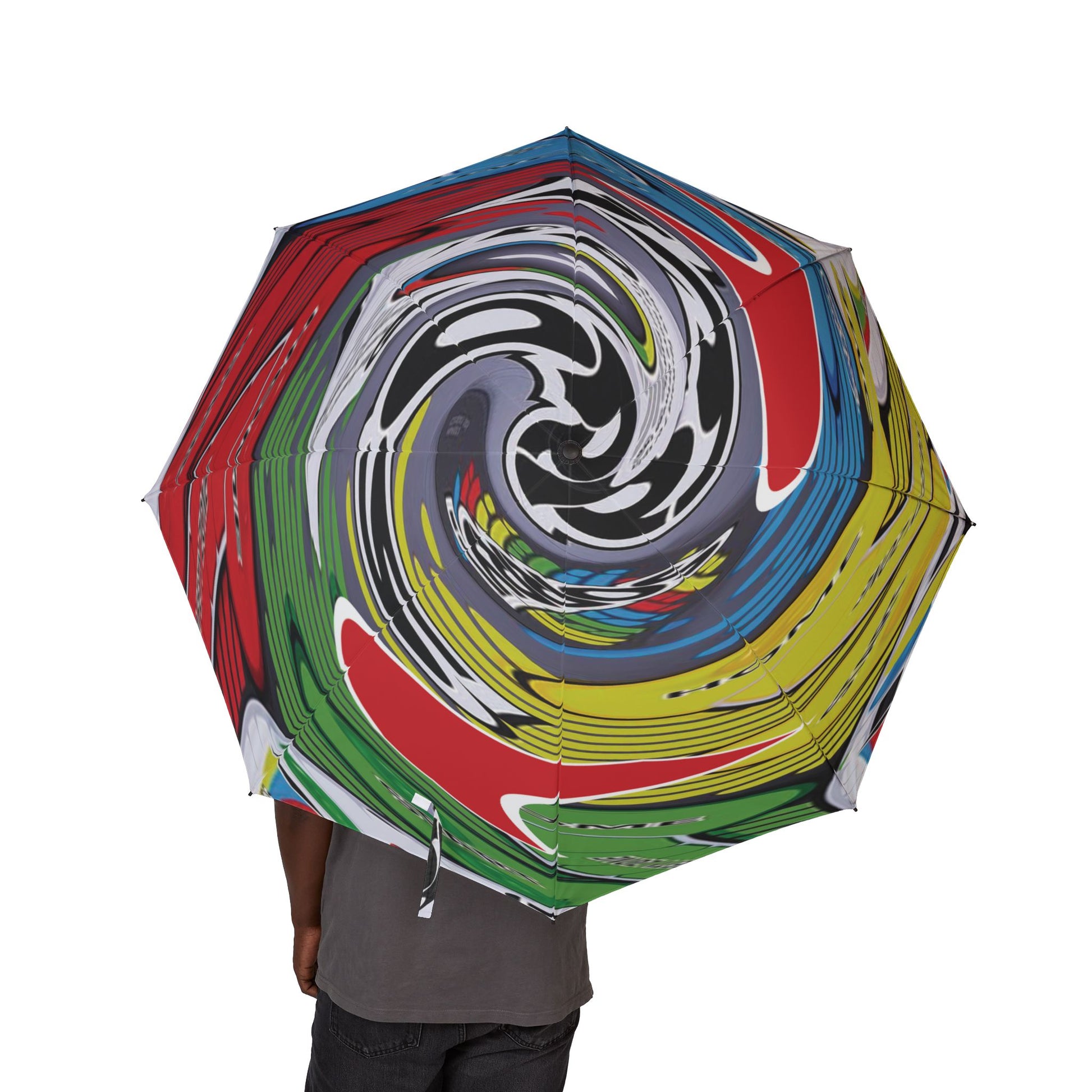 Colorful umbrella with a swirling SORRY game pattern held by a person on a white background