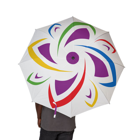 Colorful umbrella with a spiral design held by a person on a white background