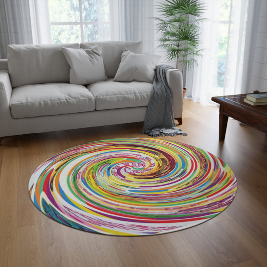 Colorful CANDYLAND game spiral rug on a wooden floor in a living room with a sofa and coffee table.