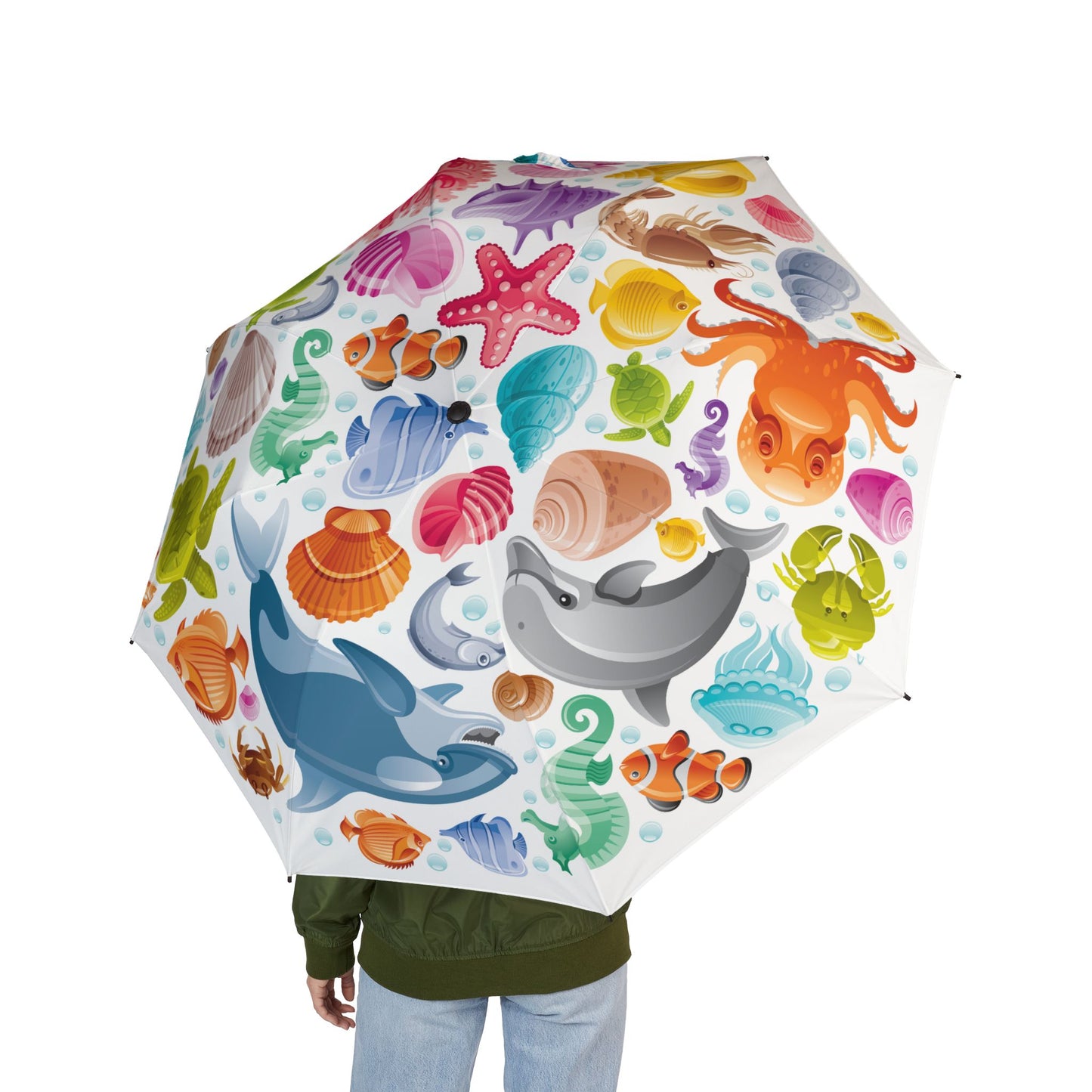Sea Creatures Swimming Pattern Umbrella – Semi-Automatic Rain Umbrella