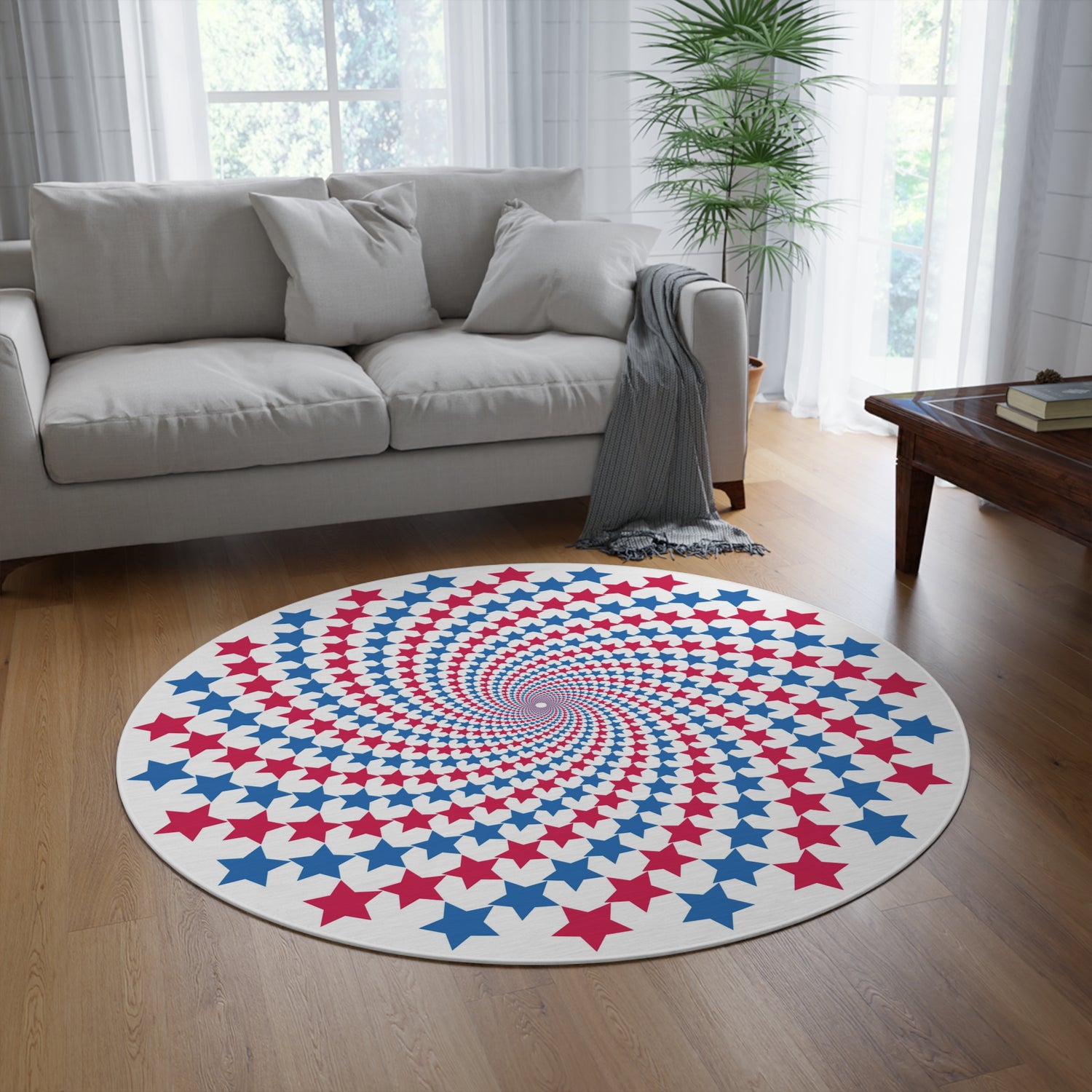 Round rug with star pattern in a living room