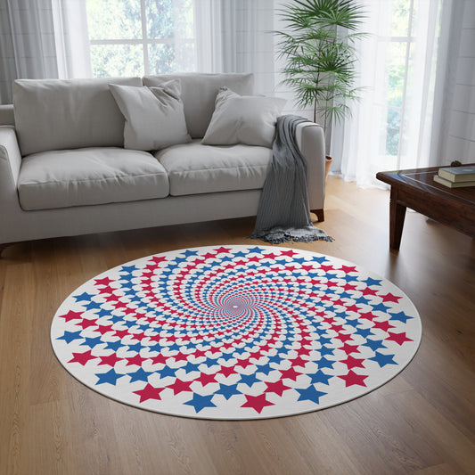 Round rug with star pattern in a living room