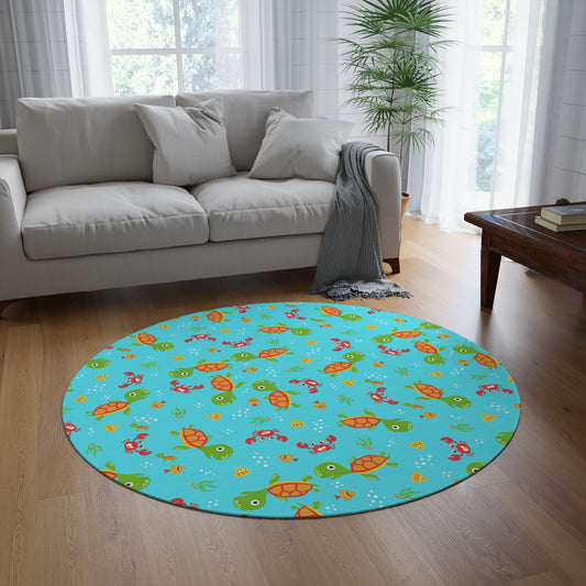 Round children's teal rug with an animal pattern on a wooden floor in a living room.