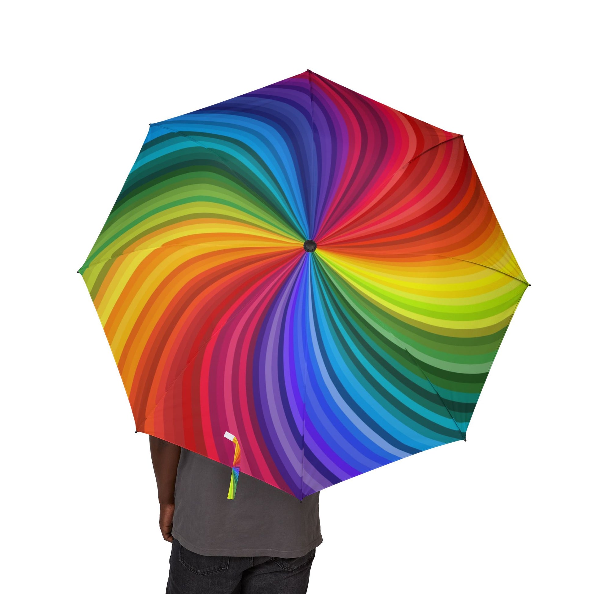 Colorful umbrella with a rainbow pattern on a white background