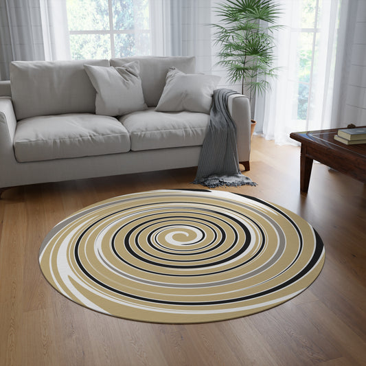 Round rug with concentric circle pattern in a living room setting