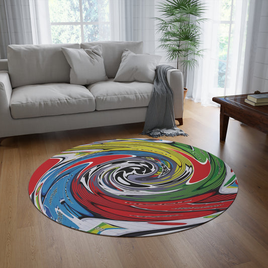 Colorful SORRY game, round rug in a living room with a gray sofa and wooden coffee table.