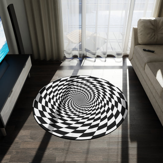 Optical Illusion Black & White Round Area Rug – Spiral Checkerboard Floor Accent