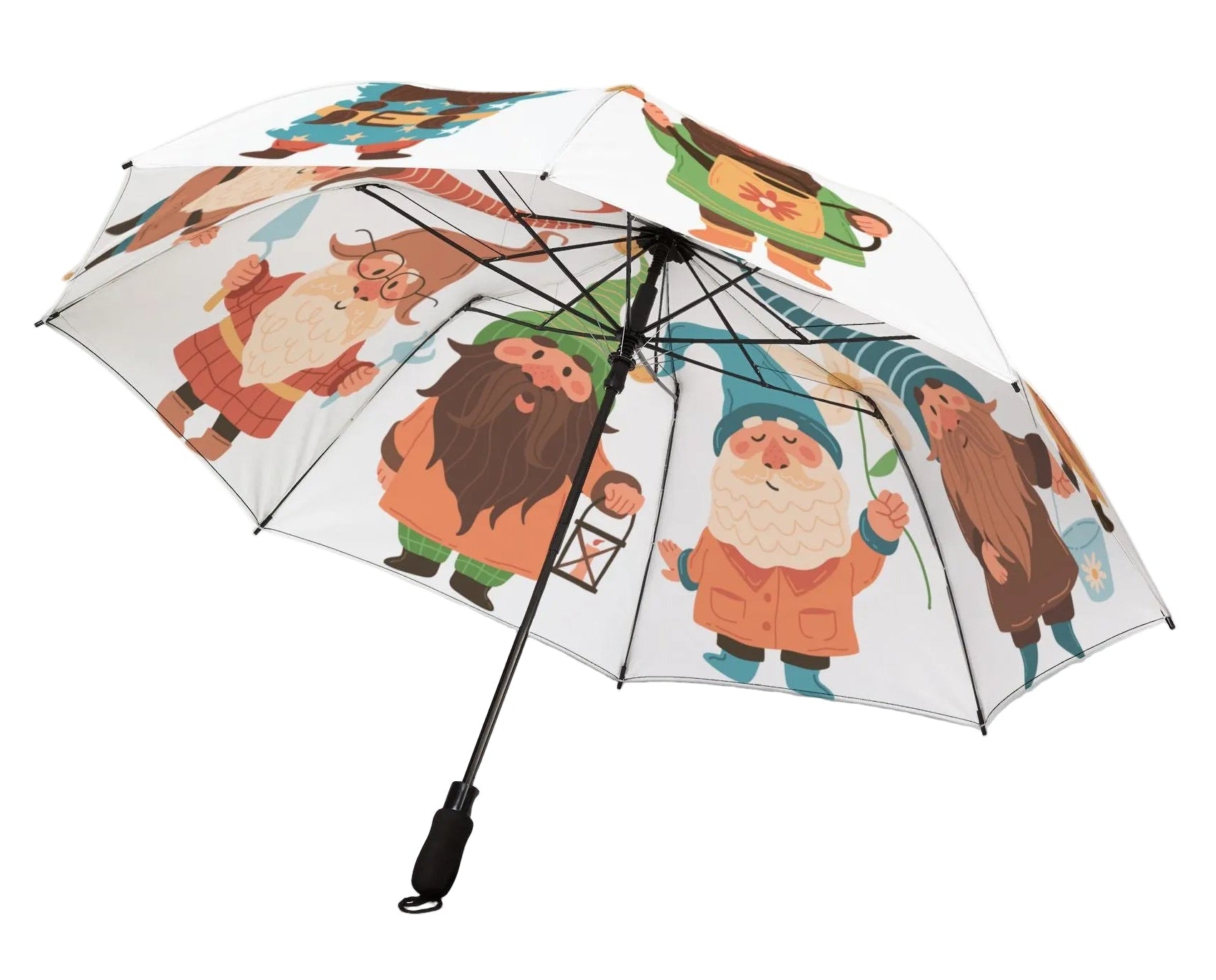 Umbrella with cartoon gnomes on a white background