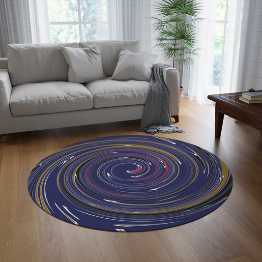 Round purple colorful rug on a wooden floor in a living room with a sofa and coffee table.