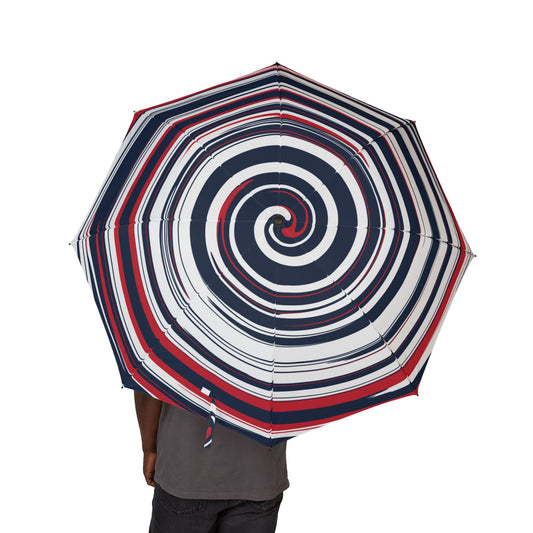Umbrella has a red, white, and blue spiral pattern held by a person on a white background