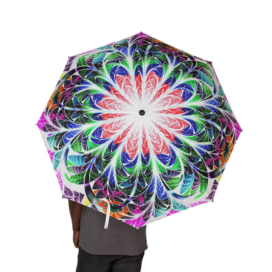 Colorful umbrella with a geometric pattern on a white background