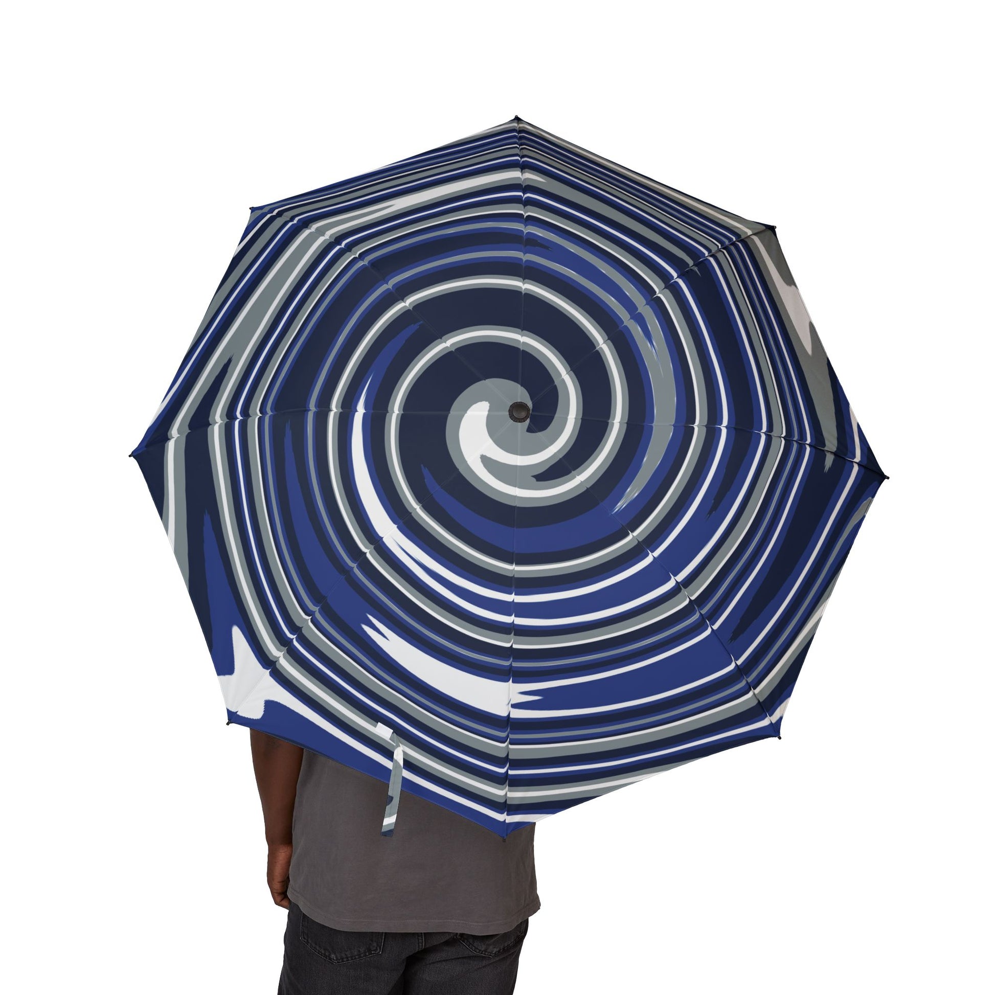 Blue and white striped umbrella with a spiral pattern on a white background