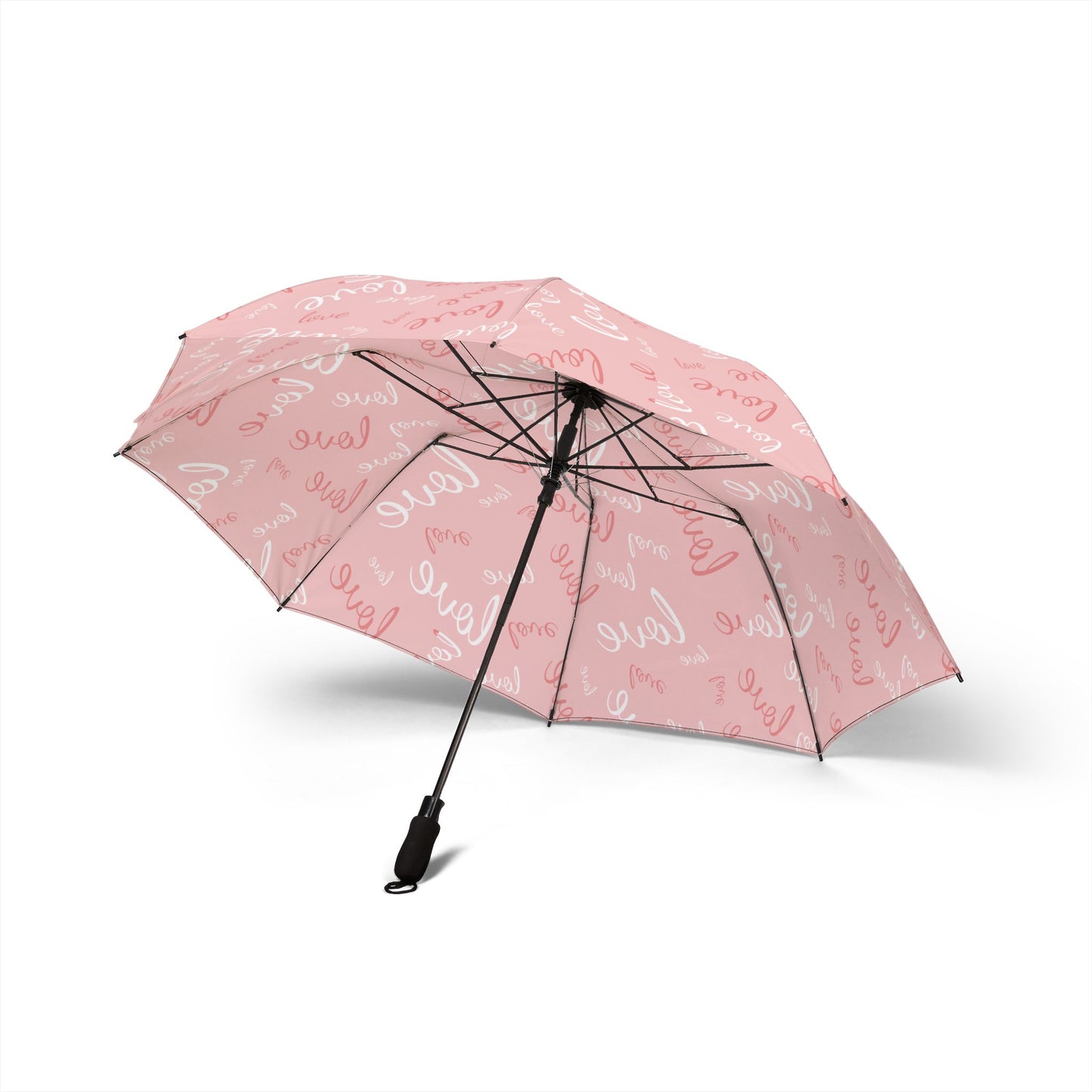 Pink umbrella with black text on a white background