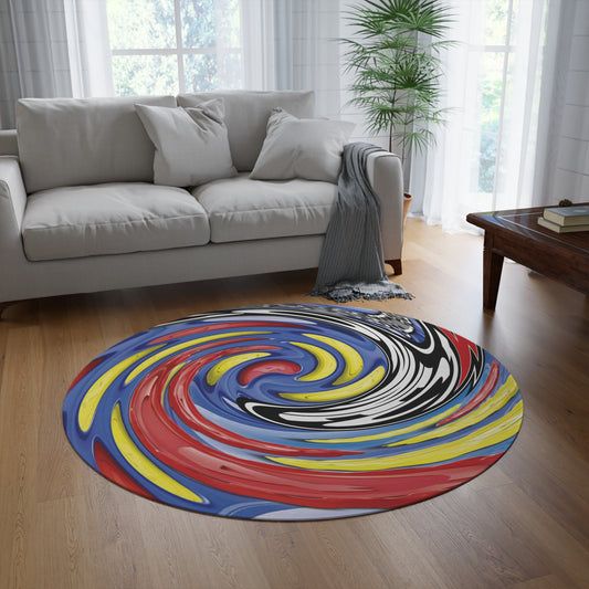 Colorful CONNECT-4 spiral-patterned rug on a wooden floor in a living room.